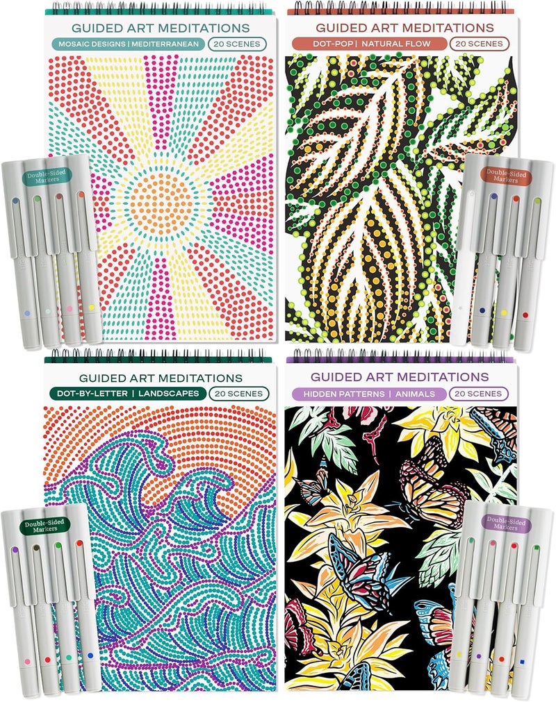 LifeLines FlowArt Activity Pad, 4-Pack - Guided Art Meditations with Markers - Color by Number/Letter, Dot Art and More Coloring Books for Teens, Adults & Seniors - Image 1